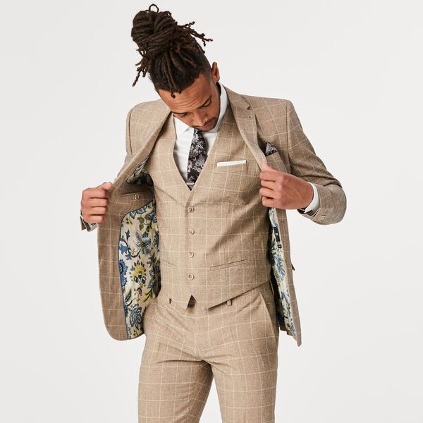 Mens Tan Check Tailored Suit Jacket